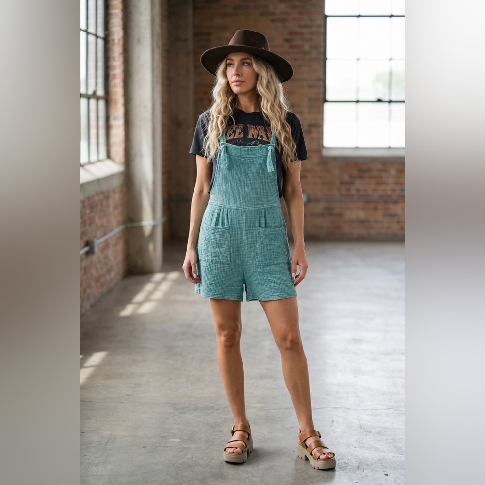 NWT Textured Gauze Washed Dusty Teal Knot Strap Jumper Overalls Shortalls Romper
